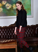 Laura Lit Cravings Unraveled In A Luscious Indoor Striptease With Sheer Bra And Plaid Pants Tease