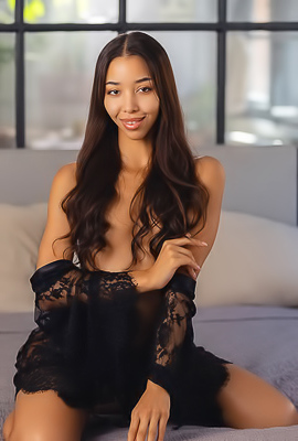 Lia Lin Parts Her Slender Thighs Exposing Her Shaved Pussy