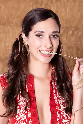 Aria Sloane American Brunette Swishes Her Long Pigtails With A Sassy Smile