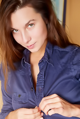 Belka Captivating Brunette Smiles Flirtatiously As Her Buttons Pop Open