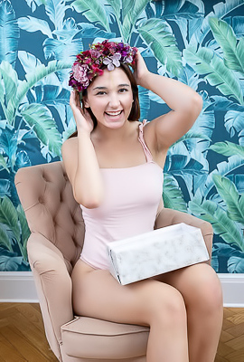Keavy Slides Off Her Lingerie Revealing Her Shaved Pussy With A Joyful Smile