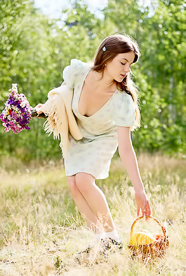 Toree Enchants With A Flirty Picnic Striptease In A Flowery Dress And Socks